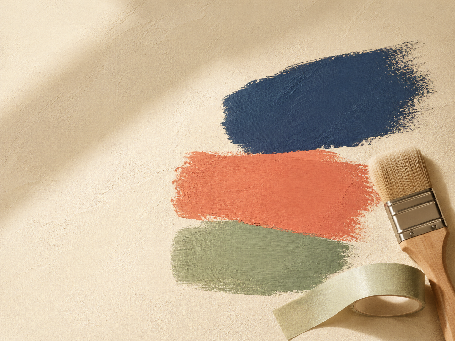 Paint swatches, a wooden-handled brush, and painter's tape on a plaster surface